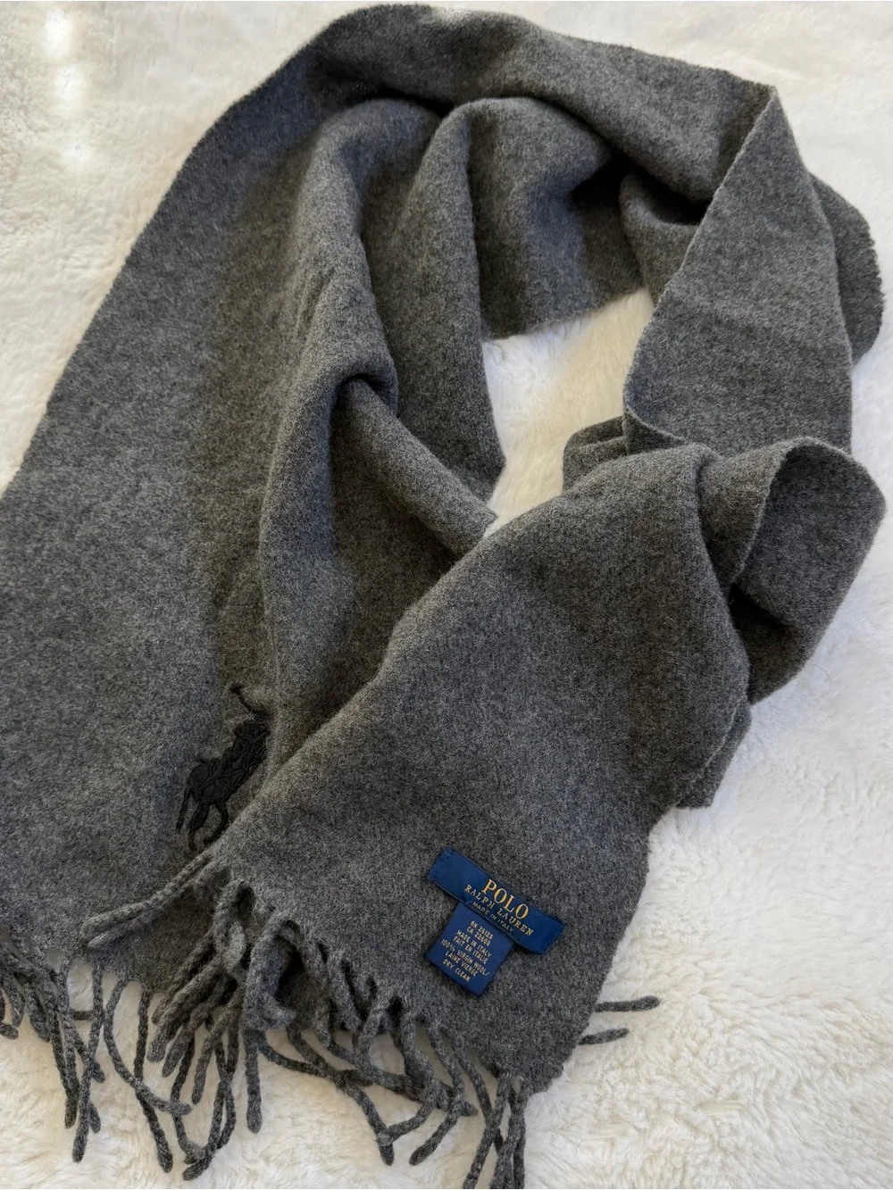 Polo Ralph Lauren Italy 100% Virgin Wool Gray Fringe Scarf Big Pony 56”